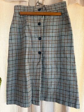 Pendleton Blue and Brown Houndstooth Button-Front A-Line Skirt